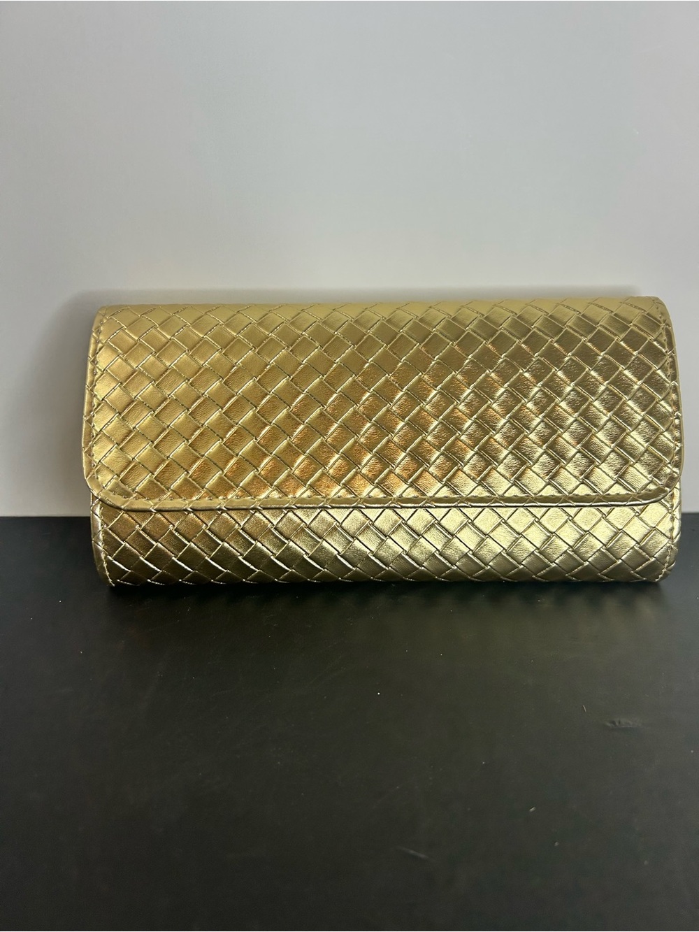 Woven Metallic Gold Clutch with Chain